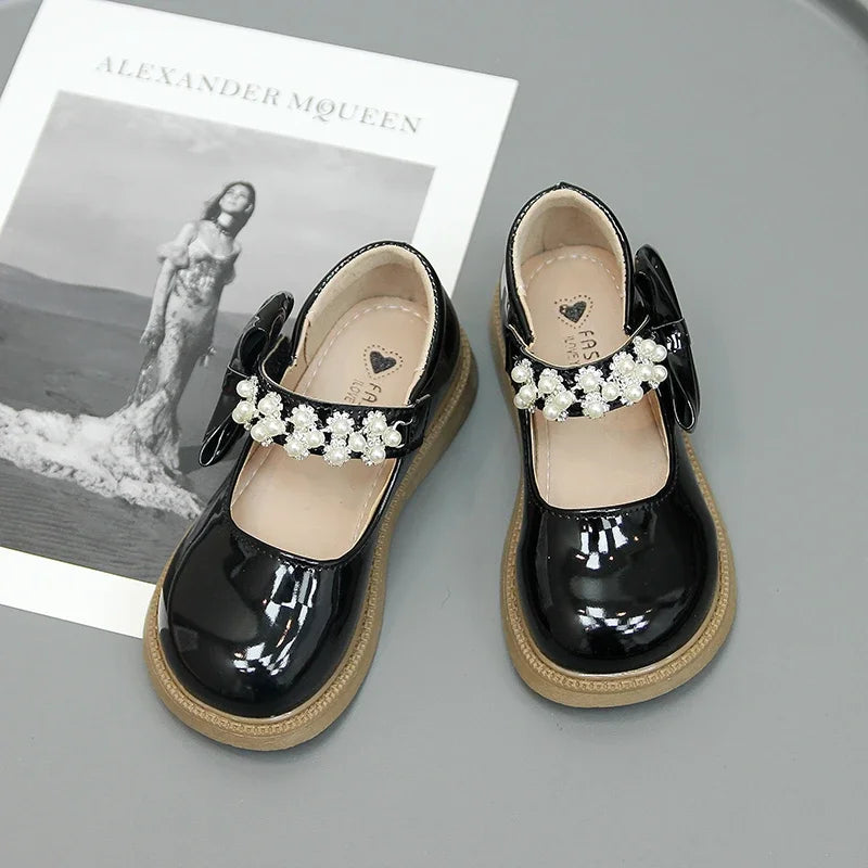 Children Leather Shoes for Girls Glossy Kids Fashion Pearls with Bow Casual