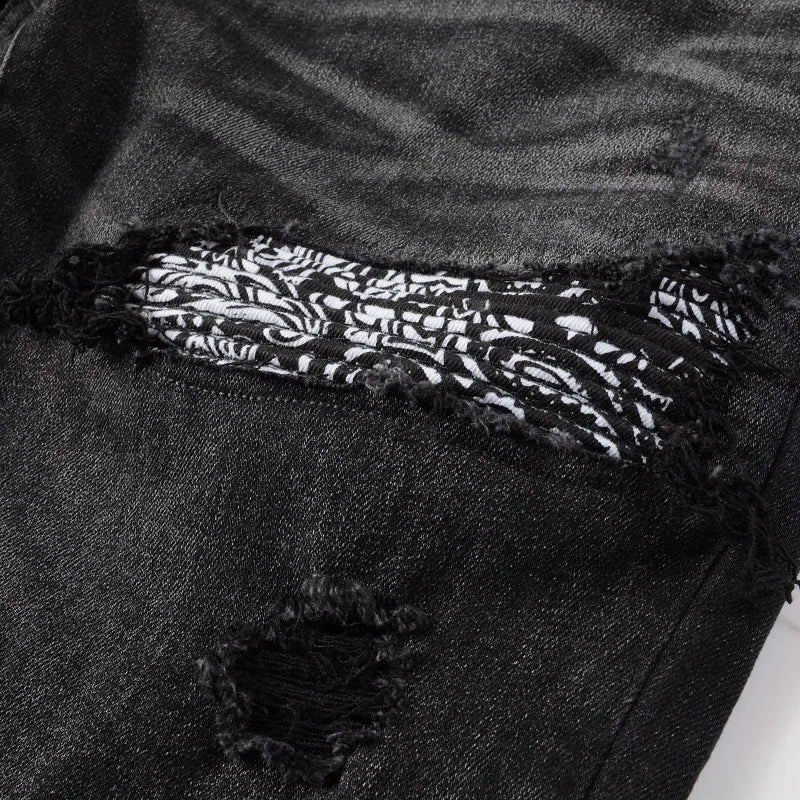 Men Bandanna Paisley Print Patch Jeans Streetwear Patchwork Holes Ripped Biker Pants