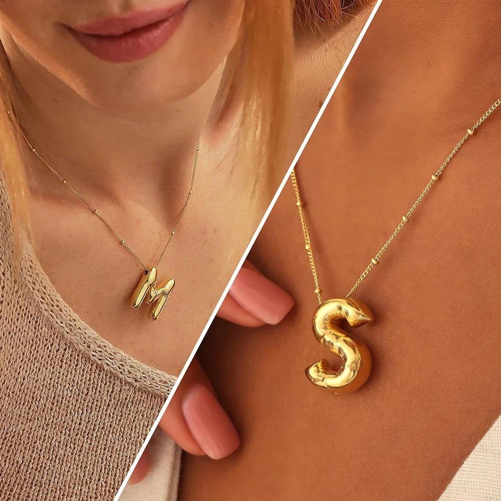 Vintage Stainless Steel Balloon Bubble Chunky Letter Necklace for Women 18K Gold