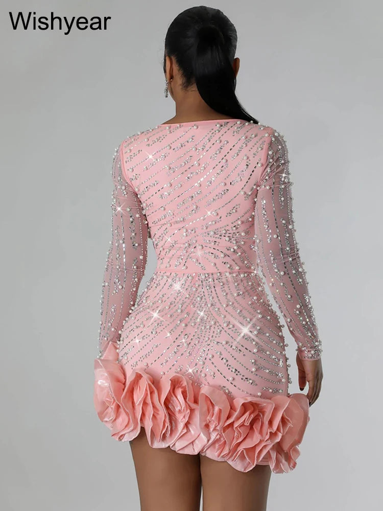 Formal attire Dresses: Evening Rhinestone Pearls Bodycon Ruffle Mini Dress