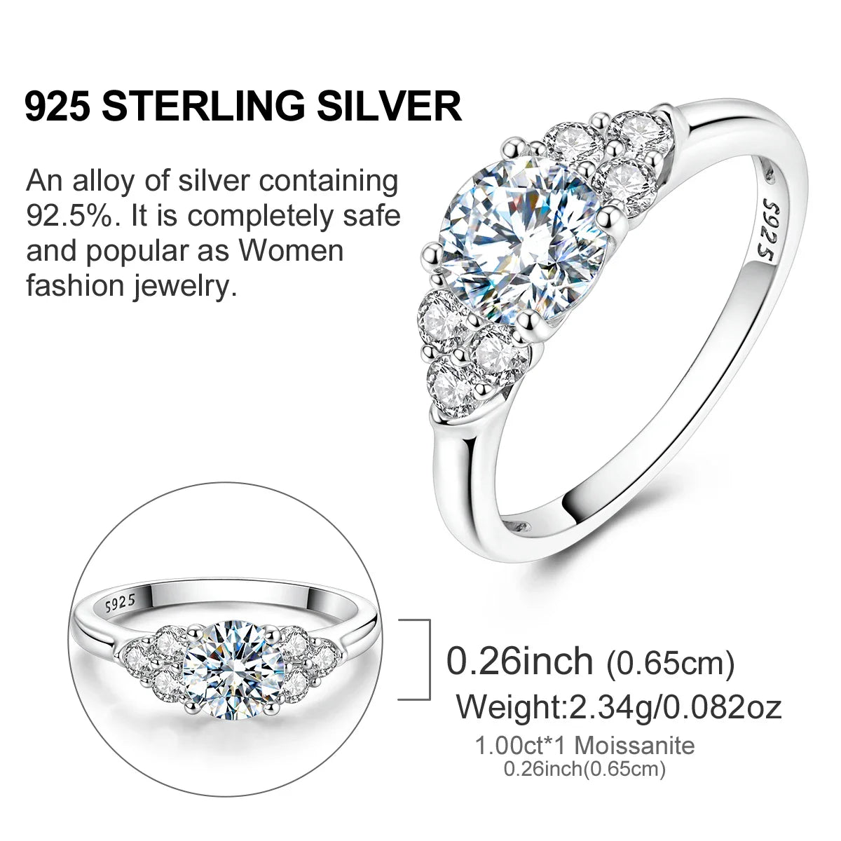 100% S925 Sterling Silver Moissanite Ring 1CT Sparkling Classic Wedding Band Engagement Party Ring Women Female Bridal Jewelry