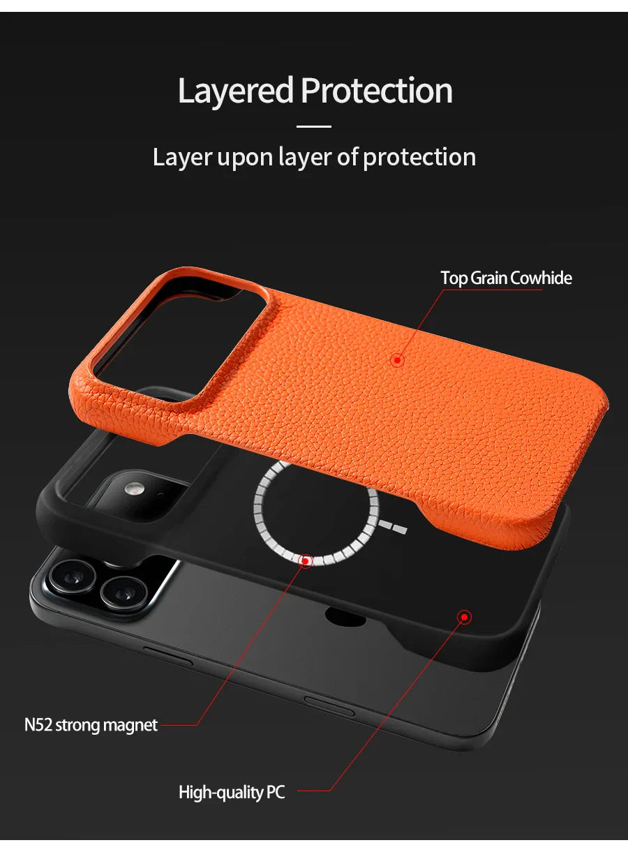 Magsafe Case for iPhone 17 Air 15 16 Pro Max 17Pro Lychee Natural Cowhide Leather Magnetic Protector Luxury Phone Back Cover