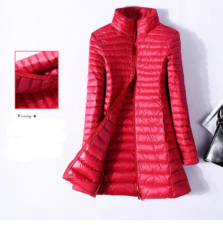 Women Down Jackets Ultra Light Duck Down Coat Long Puffer Jacket Slim Black