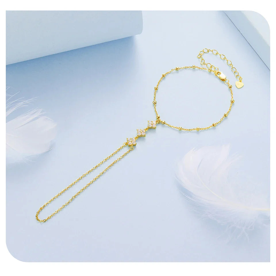 BISAER 925 Sterling Silver Finger Ring Bracelet Hand Chain Trendy Thin Dainty Stackable Chain Plated Gold for Women Fine Jewelry