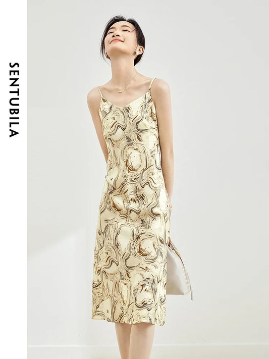 SENTUBILA Womens Slip Midi Print Dresses 2024 Spring Summer Korean Fashion