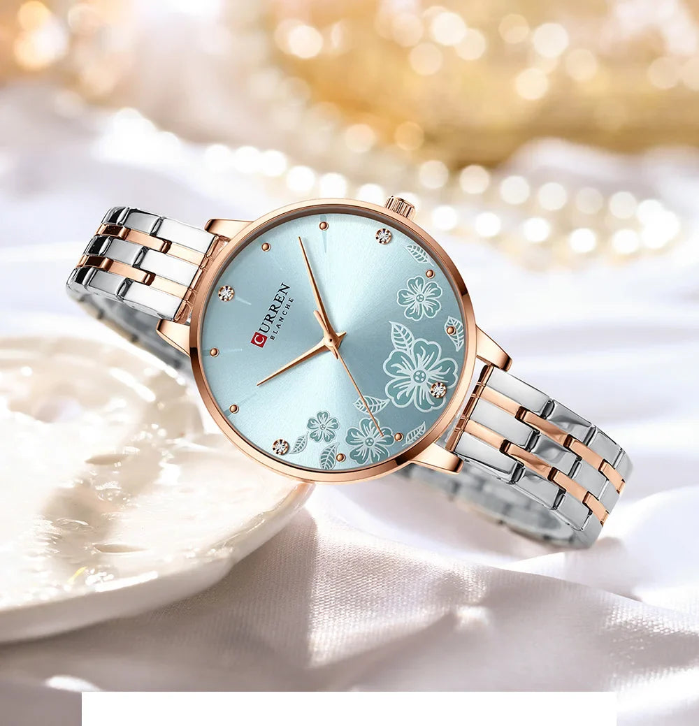 CURREN Fashion Quartz Wristwatches for Women Simple Stainless Steel Watch Bracelet with Flower Design Dial