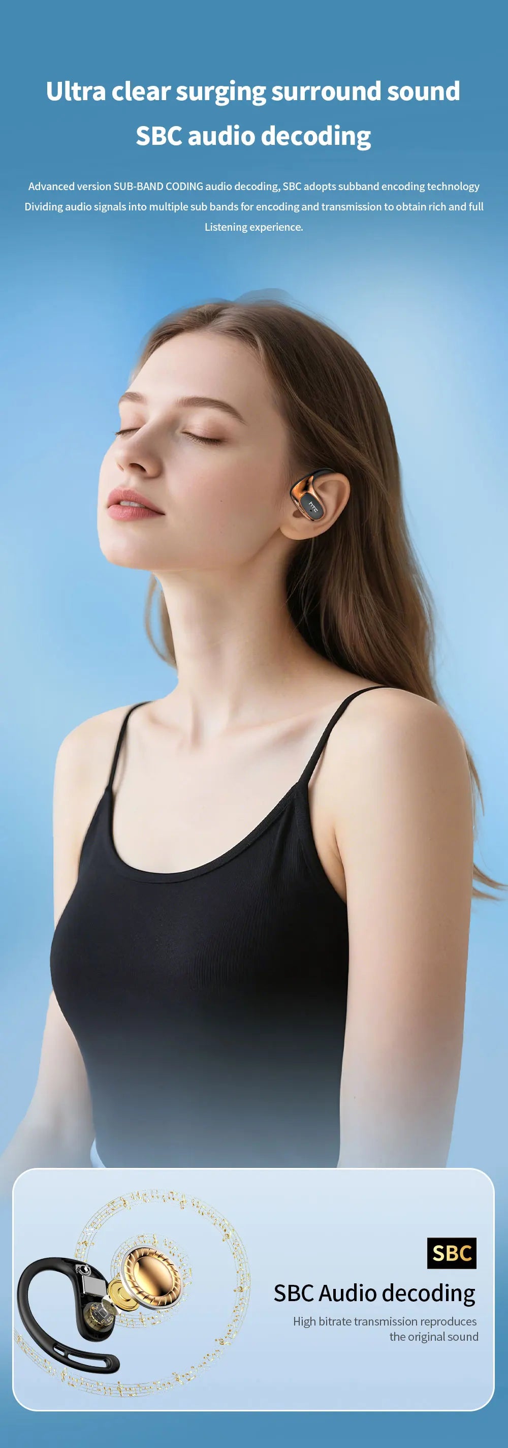 Htc Ne35 Bluetooth V6.0 Over-The-Ear Bluetooth Headset Ows Sports Headset Comfortable Ultra-Light Wireless Headset Mic