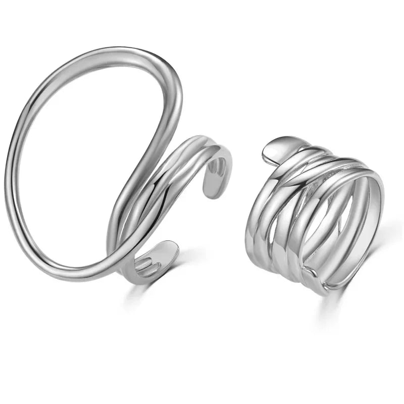 2pcs/set Women Rings Exaggerated Lines Rings for Women Fashion Simple Distorted