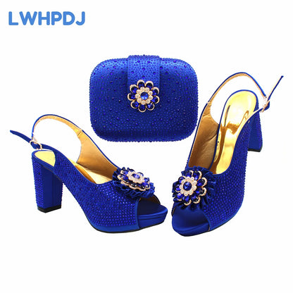 2024 New Arrival Super Heels Flower Design Ladies Shoes Matching Bag Set in Royal Blue For Luxury Women Party