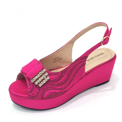 Venus Chan Italian Design Wedding Wedges hHigh Heels Fuchsia Color Ladies Shoes With Matching Bag Set Nigerian for Party