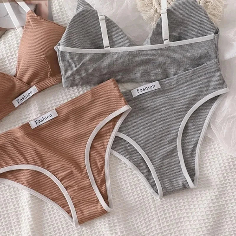 Women Cotton Bra Set Briefs Low Waist Panties Wire Free Bralette Sport Lingerie