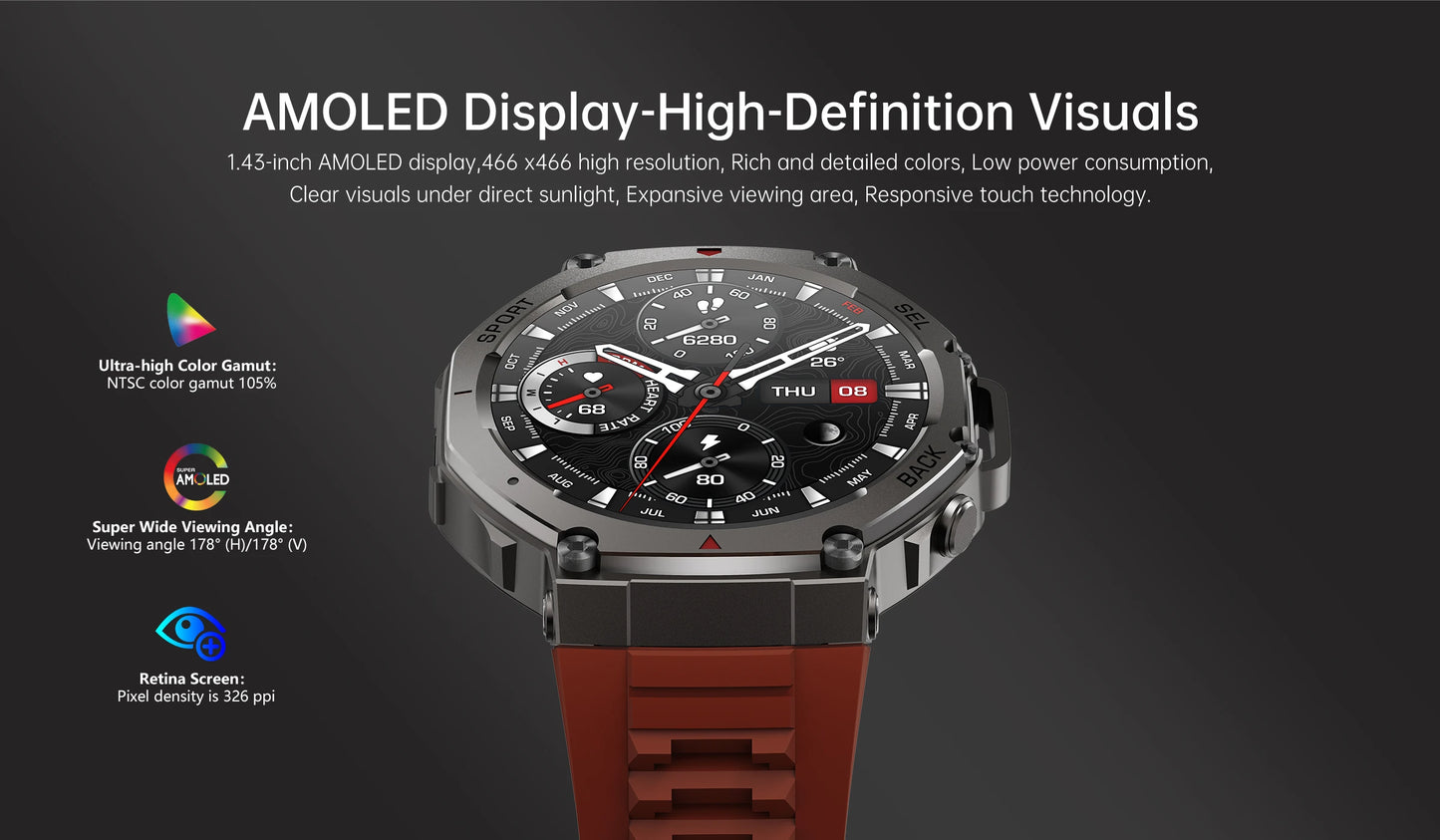 T-Rex 3 Ultra Built-in Dual-band GPS Smartwatch 5ATM Waterproof 48mm AMOLED Compass 170+ Sport Durable Military Smart Watch 2025