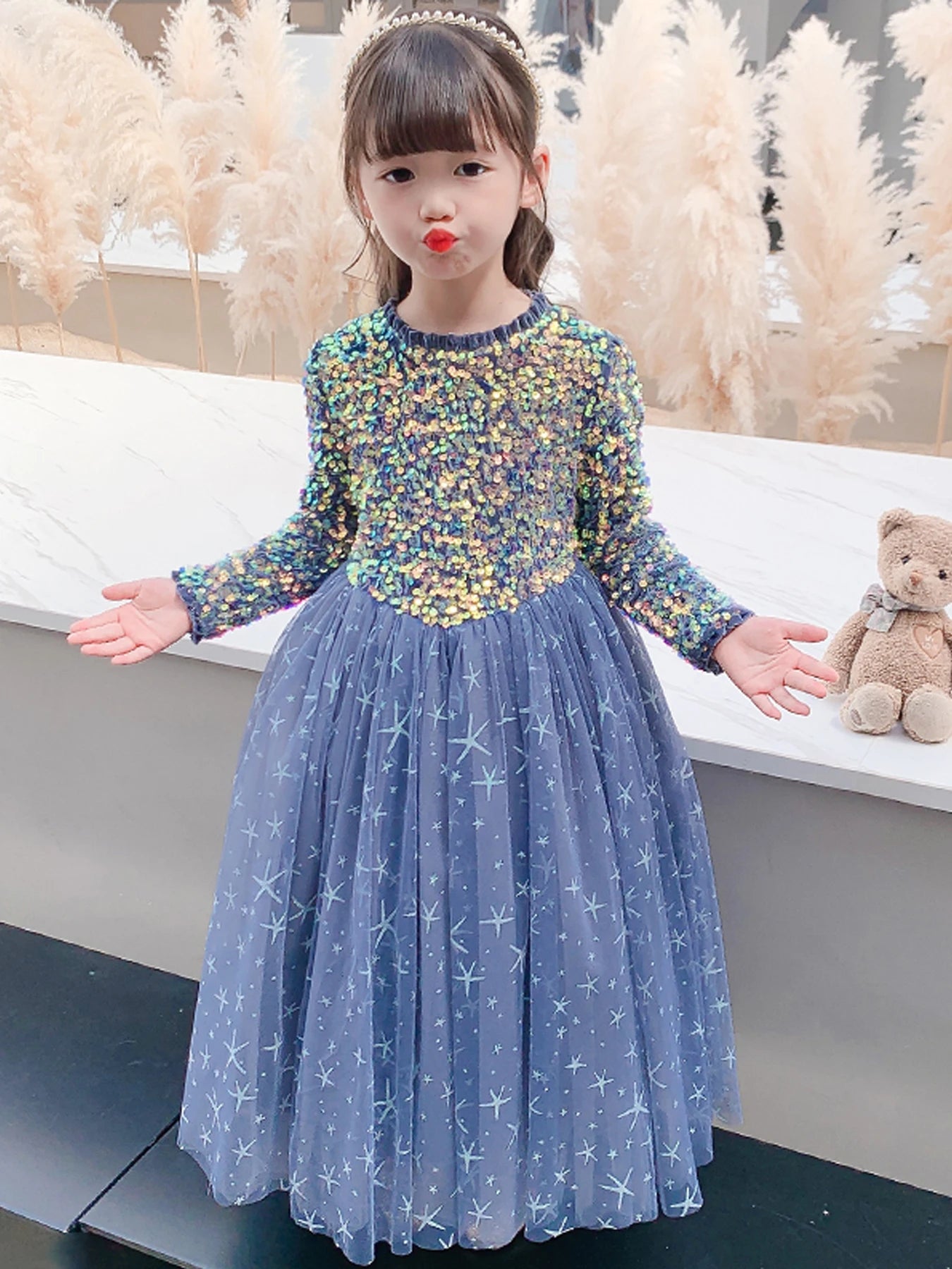 Baby Girls Elegant Unicorn Floral Graphic Print Mesh Gown Dress Clothes For Performance Party Gift Beaded luminescence