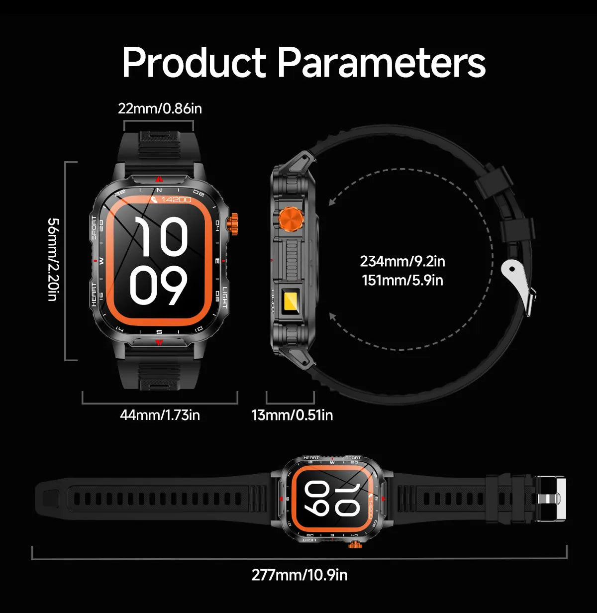 2025 Global Hiking Smartwatch 2.01''Screen 1100mAh Battery LED Light Compass IP68 Voice Assistant Outdoor Sport  Fitness Watch
