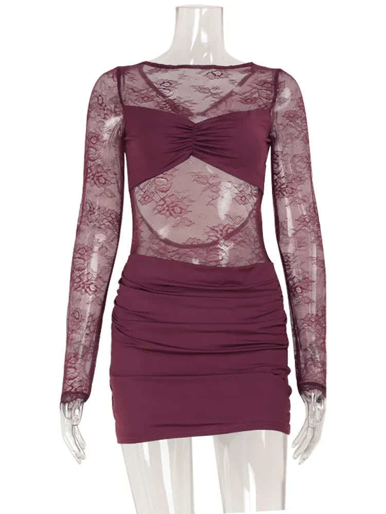 CNYISHE Lace Patchwork Backless O Neck Women Dresses Fashion Sheer Long Sleeve Sheath Outfits Hollow Out Female Hip Wrap Bodycon