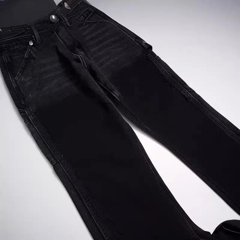 Black Micro Flare Loose Jeans Colorblock Raw Edge Bottom Tide