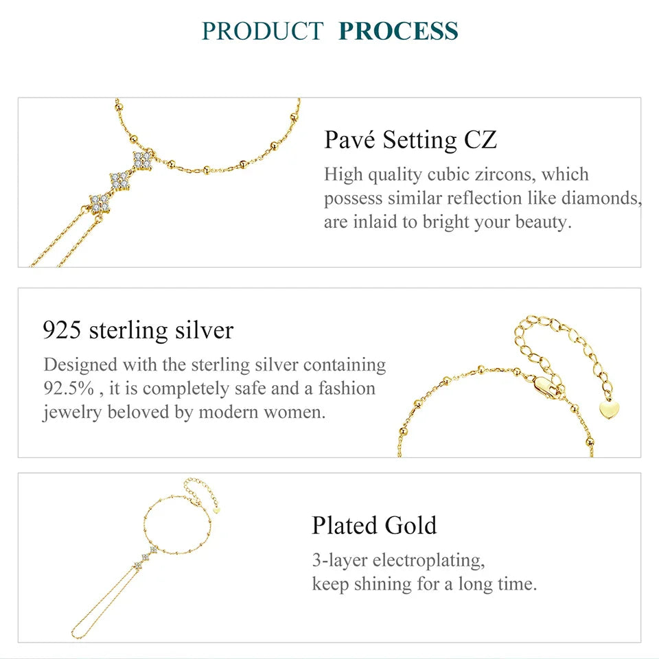 BISAER 925 Sterling Silver Finger Ring Bracelet Hand Chain Trendy Thin Dainty Stackable Chain Plated Gold for Women Fine Jewelry
