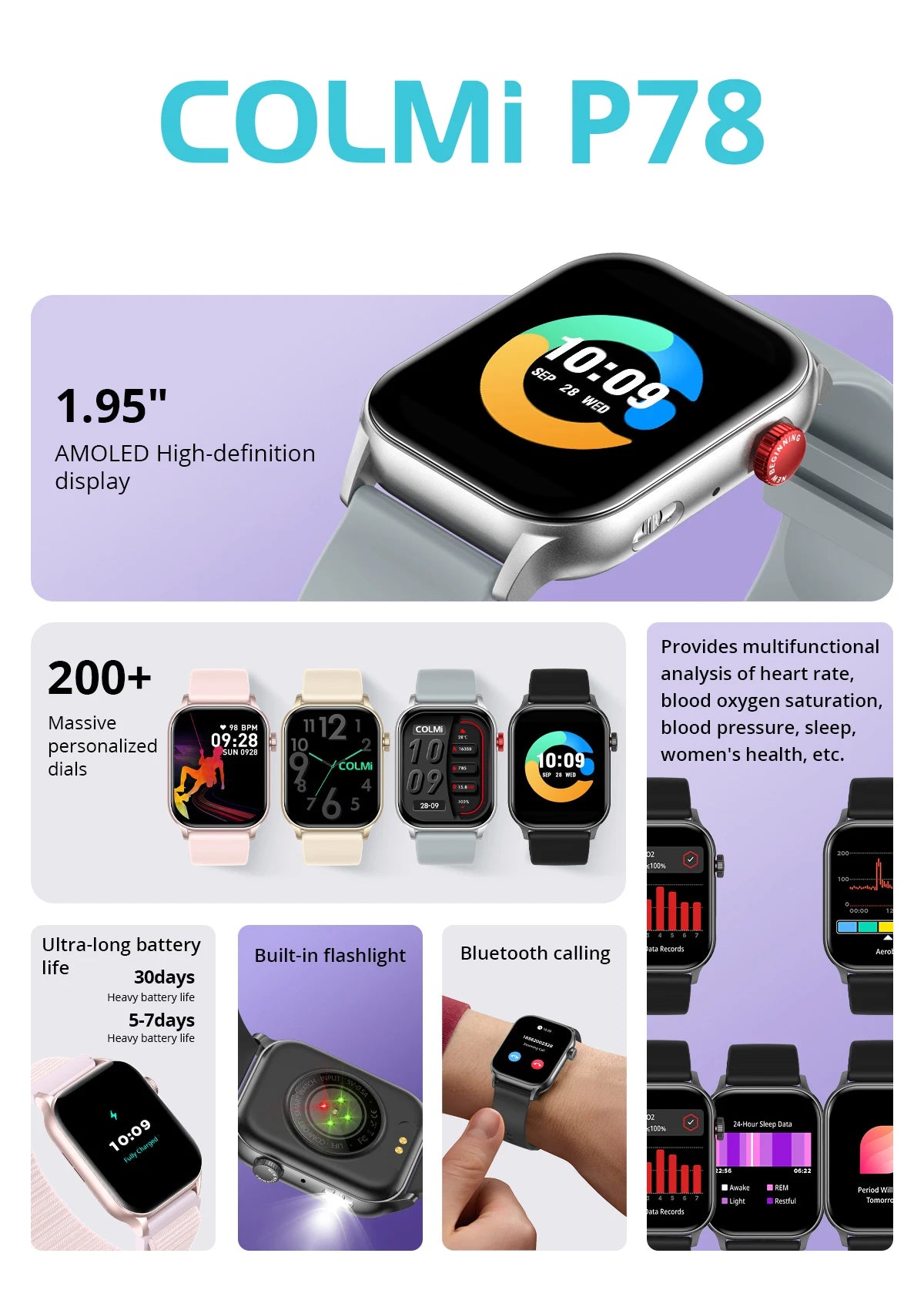 2024 COLMI P78 1.95'' HD AMOLED Smartwatch Flashlight Voice Calling 100+ Sports Modes Health Monitoring Smart Watch Men Women