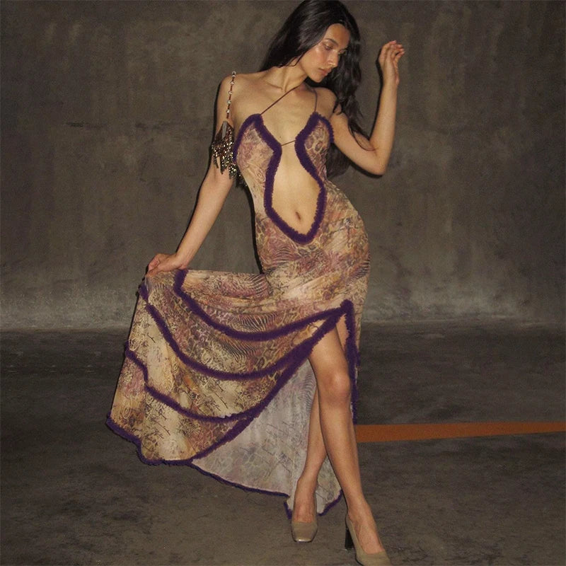 Evening Dresses: Sleeveless Hollow Dress Camisole Shrunk Split Wave Cut Dress