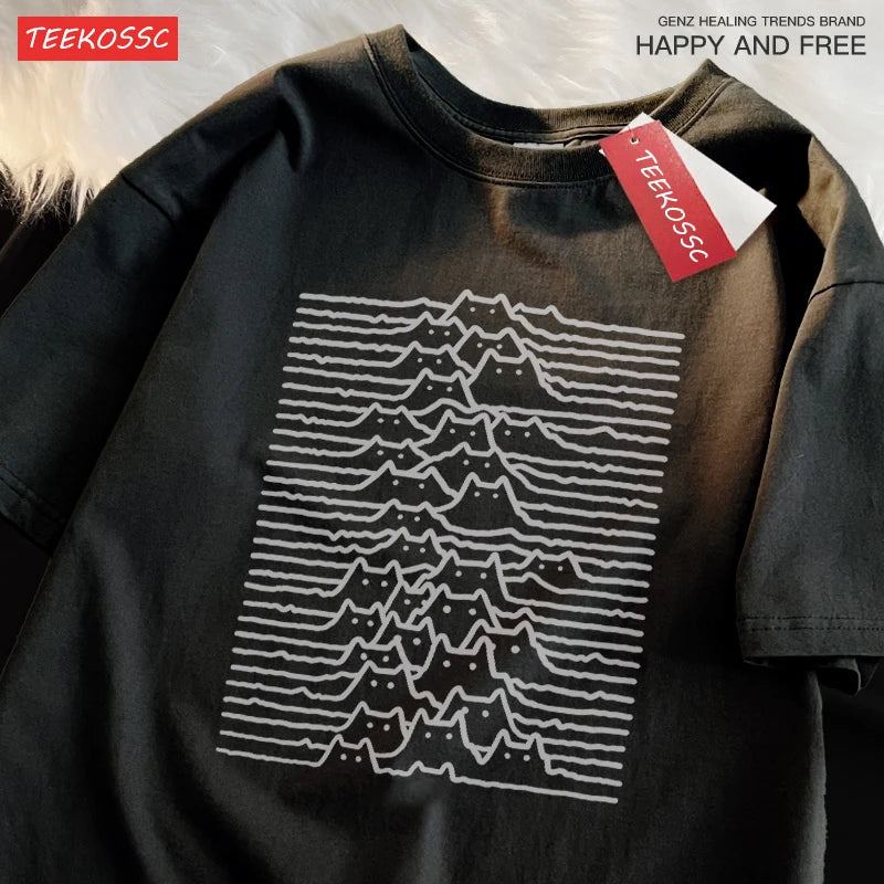 Cat Group Mountain Cartoon Cotton Trendy Summer Travel Mountain And River Cat Line Short Sleeve T-shirt Men Women Trendy Brand