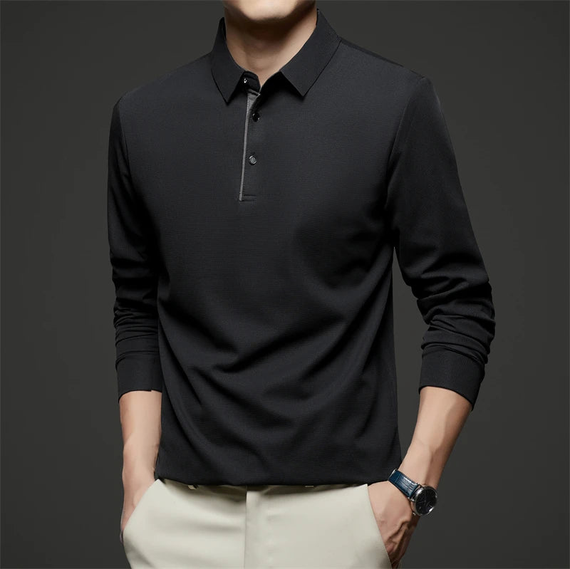 New Men's Business Casual  Long Sleeve Solid Color Polo Shirt Fashionable Warm Comfortable Four Seasons Versatile Top