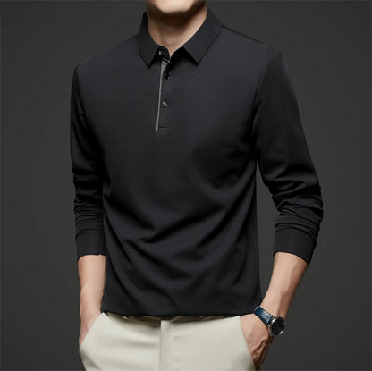 New Men's Business Casual  Long Sleeve Solid Color Polo Shirt Fashionable Warm Comfortable Four Seasons Versatile Top