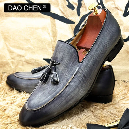 ELEGANT MEN CASUAL SHOES BLACK GRAY SLIP ON TASSELS LOAFERS LEATHER MENS DRESS SHOES WEDDING OFFICE FORMAL SHOES FOR MEN