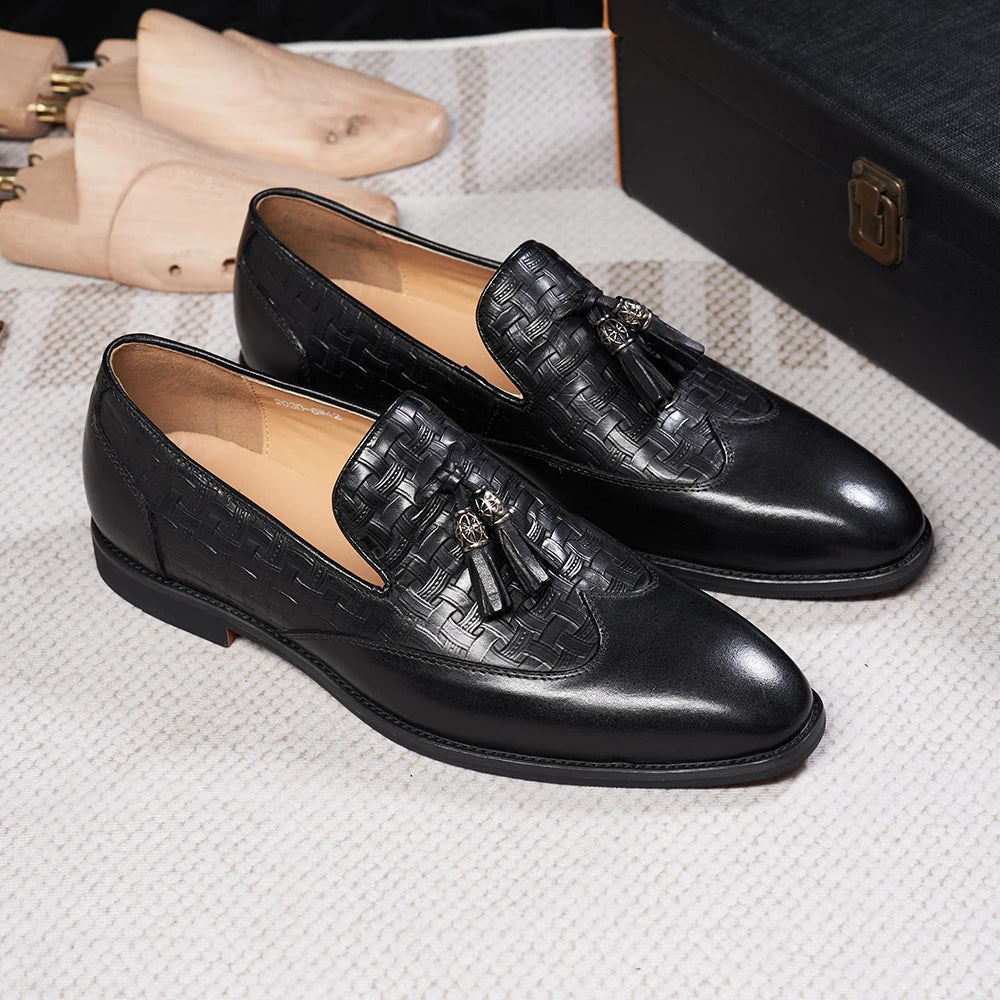 Luxury Men's Wedding Dress Shoes Genuine Cow Leather Plaid Print Wingtip Toe Tassel Loafer Formal Shoes for Men Brown Black