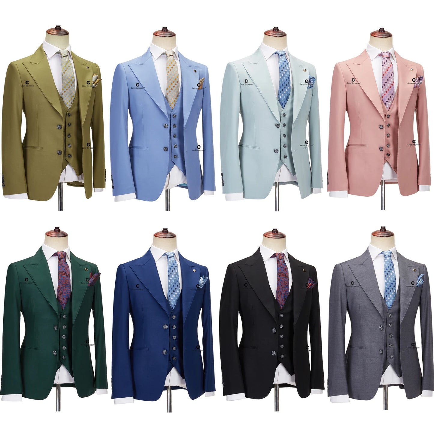Tuxedo for Mens: Classic Fit 2 Button Formal Suits for Men Solid Color Blazer Vest Pants