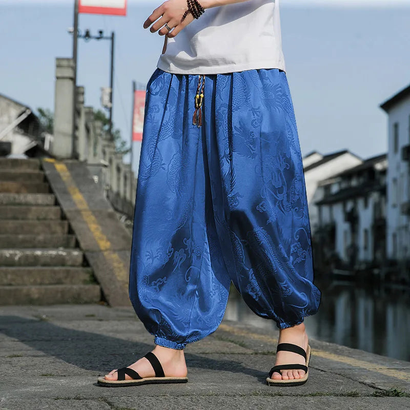 Outdoor Brand Pants For Men Lce Silk Dragon Dark Flower Loose Bloomers