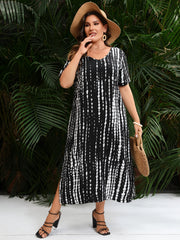 Plus Size Dress for Woman Summer V Neck Short Sleeve White Black Striped Print