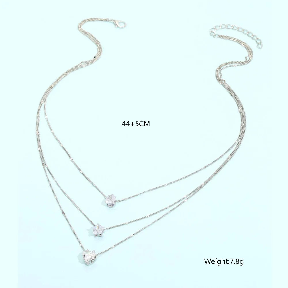 Crystal Zircon Heart Star Charm Layered Pendant Necklace Set for Women Charms