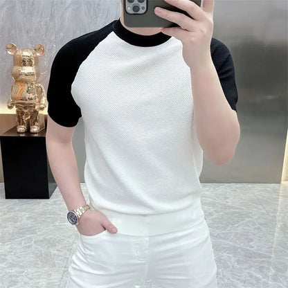 Summer Korean Short-sleeved Casual T-shirt Men New Fashion Contrasting Color Slim Rotator Sleeves Breathable Round Neck Knitted