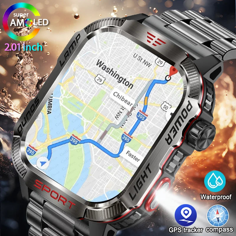 New Military GPS Smart Watch Men Flashlight Compass Waterproof Outdoor Sport Tracker Bluetooth Call Heart Rate Smartwatches Man