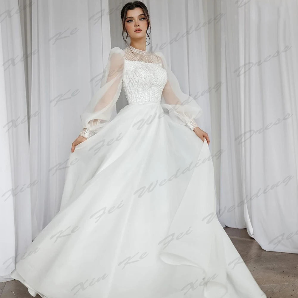 White Bridesmaid Dresses: Wedding Dresses Beautiful Round Neck Fluffy Long Sleeves