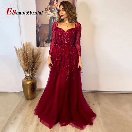 Elegant Burgundy Feather Evening Night Dress for Women