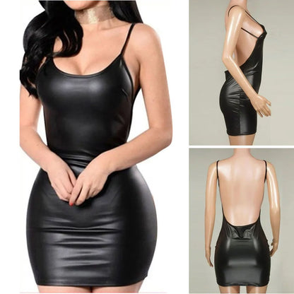 Women's Halter Faux Leather Suspender Backless Slim Sling Dress Fashion Solid Color Sexual Lifted Buttocks Ladies Mini Dress