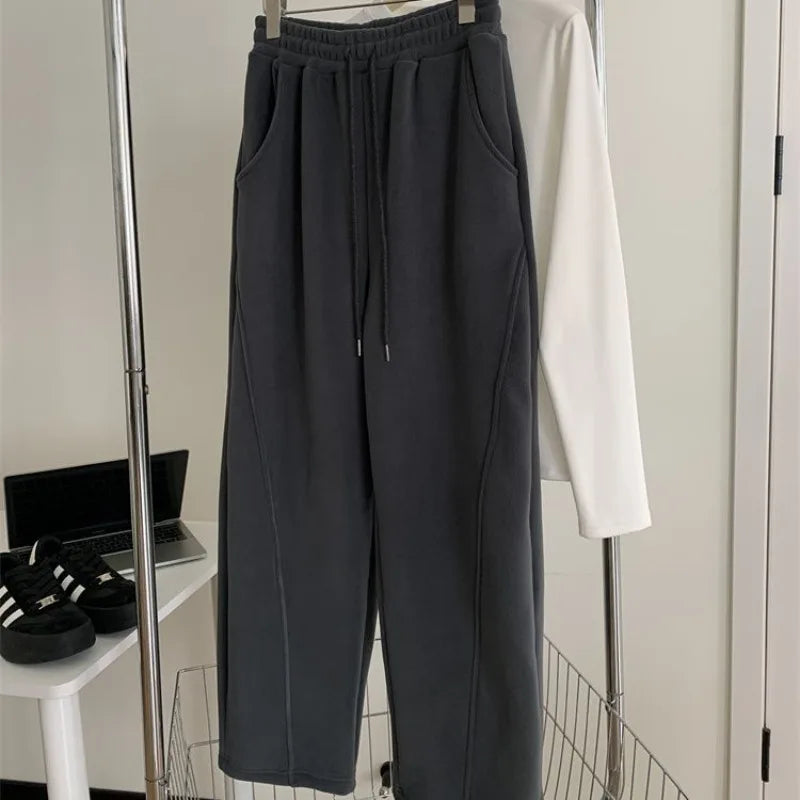 Polar Fleece Pants Women High Waist Baggy Wide Leg Sweatpants Thickening Straight Drawstring Warm Stitching Straight Trousers