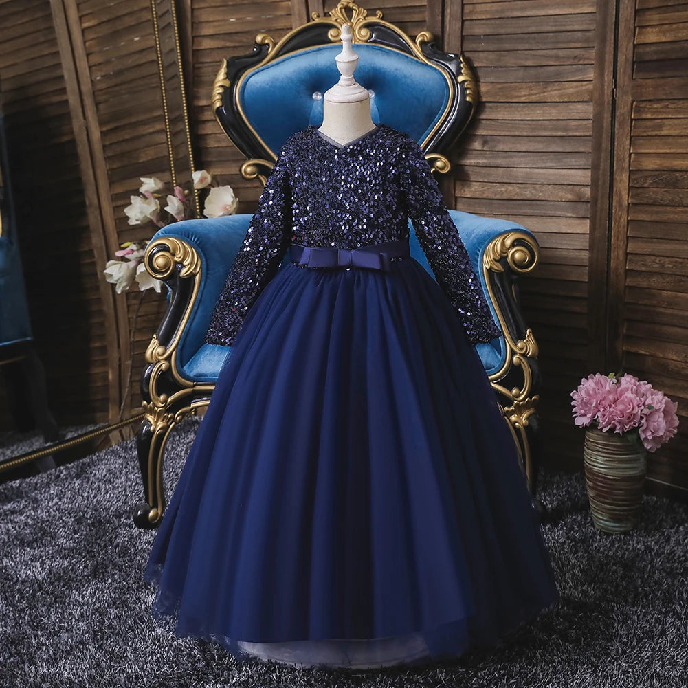 318 Girl's Birthday Evening Dress Long Sleeve Sparkling Pong Skirt Flower Girl Wedding Dress Piano Performance Dress