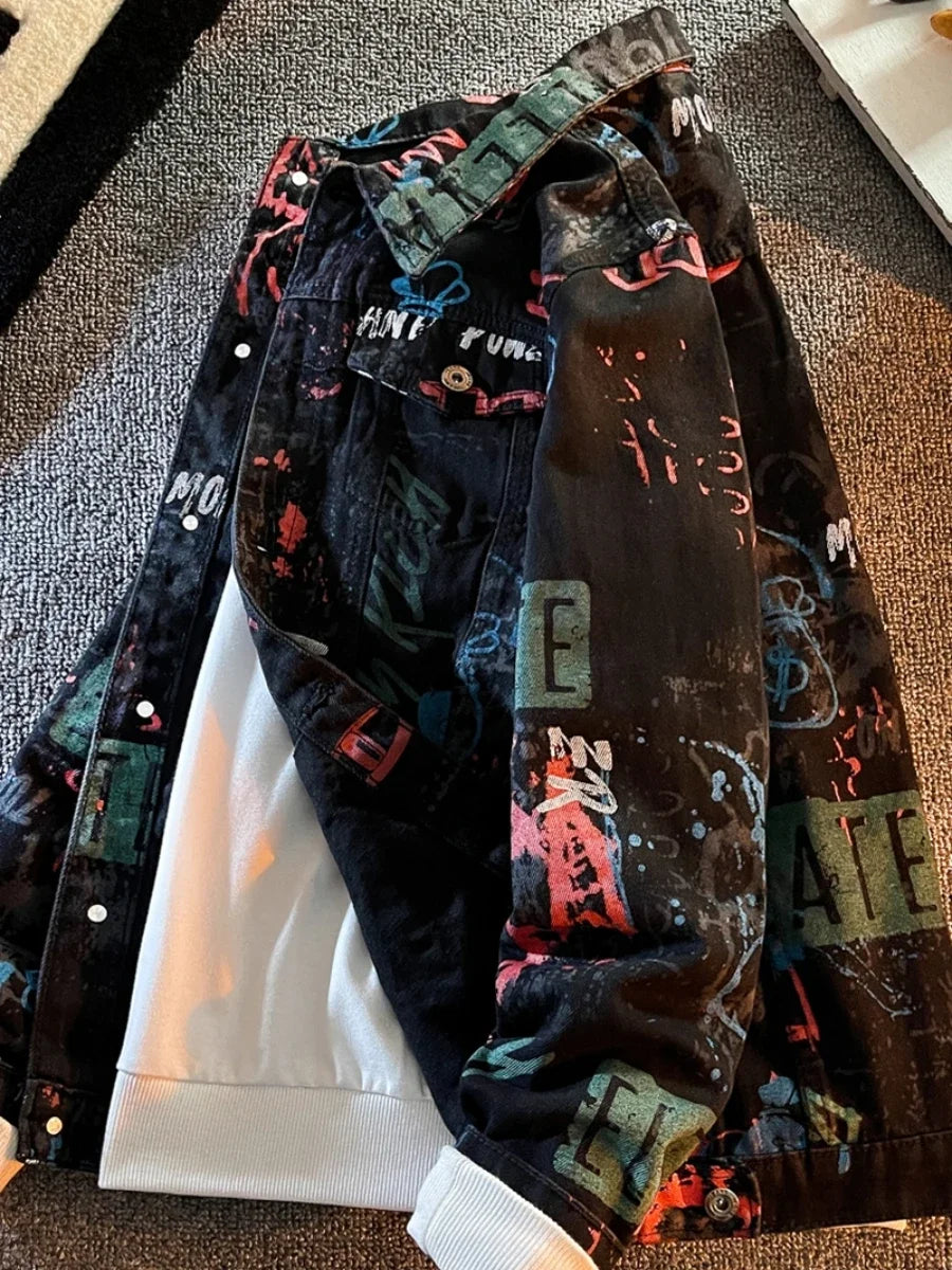 Hip Pop Leter Graffiti Denim Jacket Men's Fashion Spring Punk Wear Korean Jeans Coat
