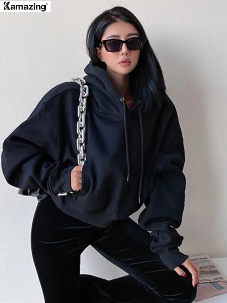 Winter Women Solid Fleece Hoodies Clothing Long Sleeve Tops Loose Pocket Hooded
