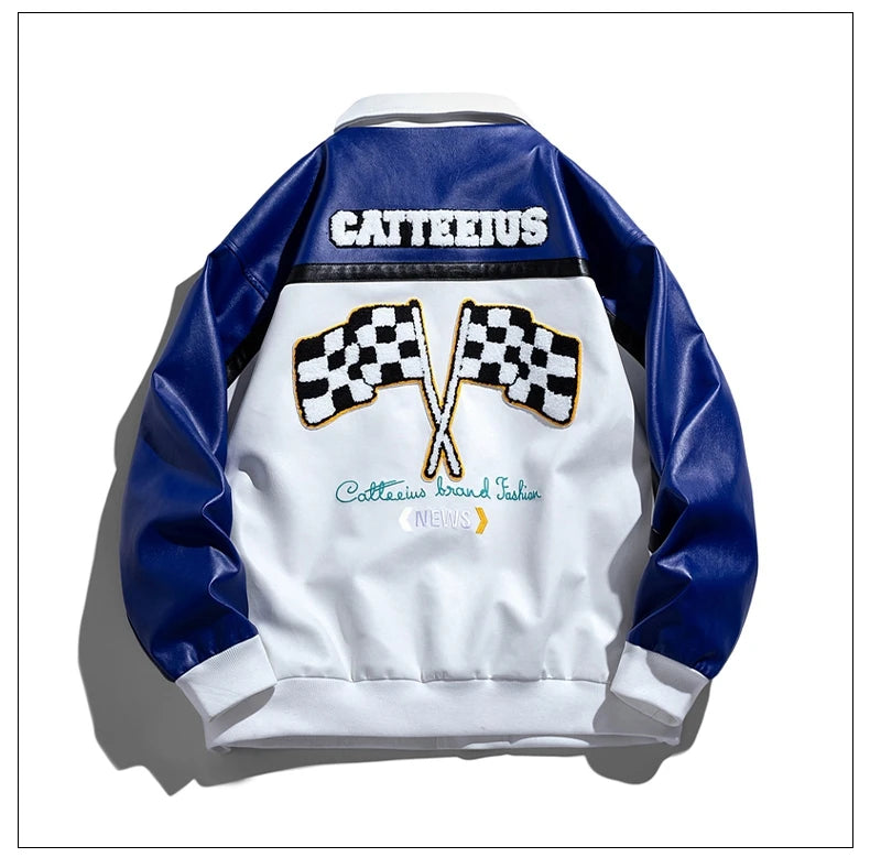Unisex Embroidery Varsity Leather Jacket Harajuku Patchwork Streetwear Men Vintage