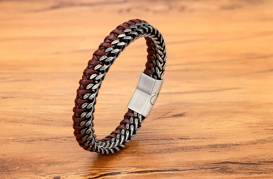 TYO New Fashion Stainless Steel Double Chain Braid Leather Mens Bracelet with Magnetic Buckle Best Gifts Whoesale Dropshipping
