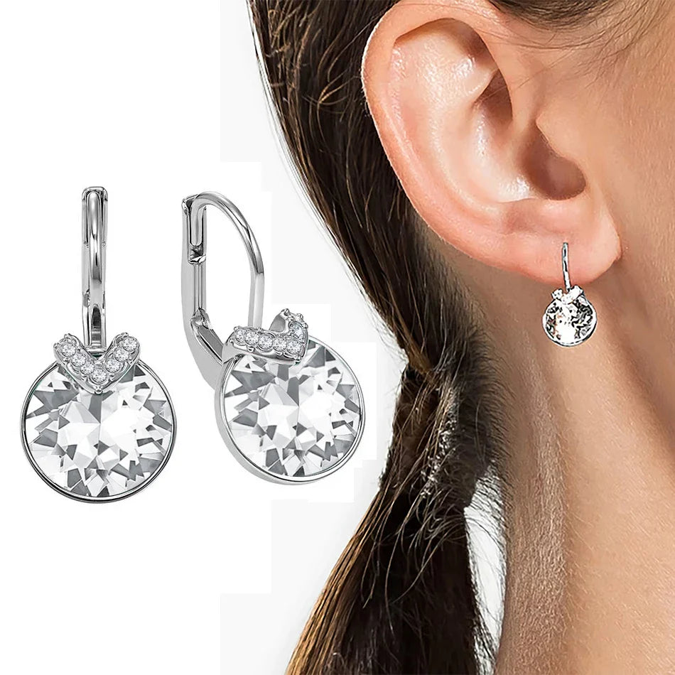 Bella V Drop Earring for Women Christmas Birthday Genuine Crystals from Austria Round Cut Dangle Silver Color Pierced Jewelry