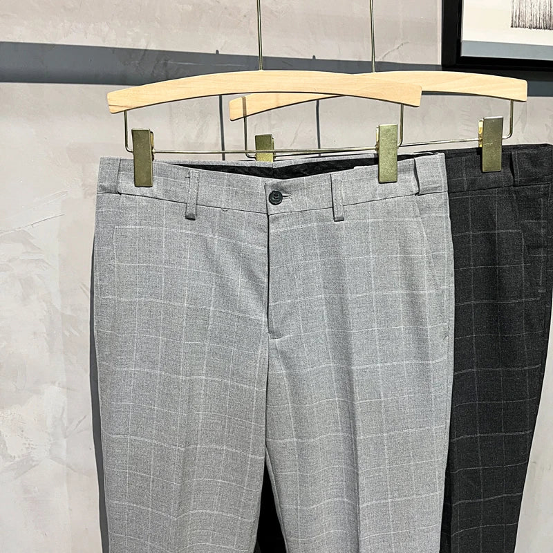 Plaid Suit Pants Men Summer Thin Casual Trousers  Ankle Length Business Formal Dress