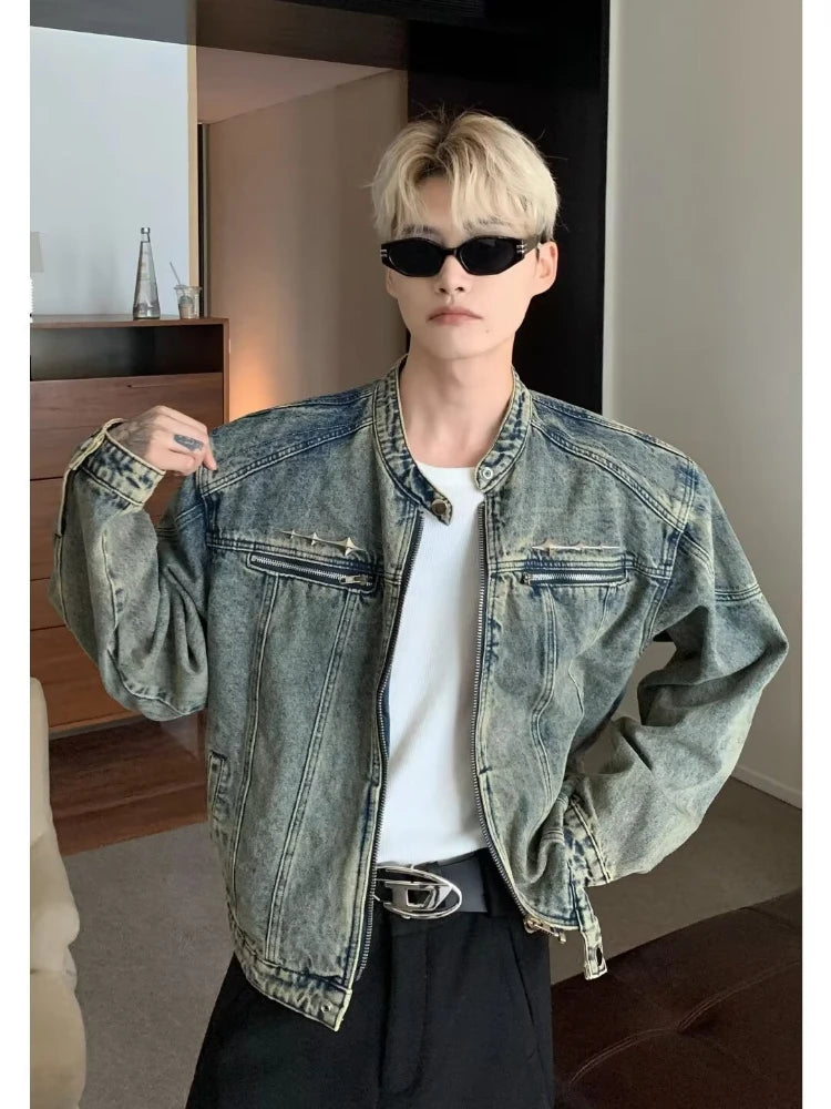 Men's Denim Jackets American-style High Street Zippers Coat Vintage Washed