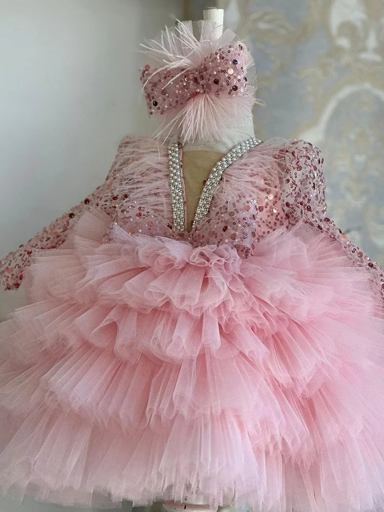 Gorgeous and elegant V-neck sequin long sleeved girl's dress for children's piano performance runway performance mesh cake dress