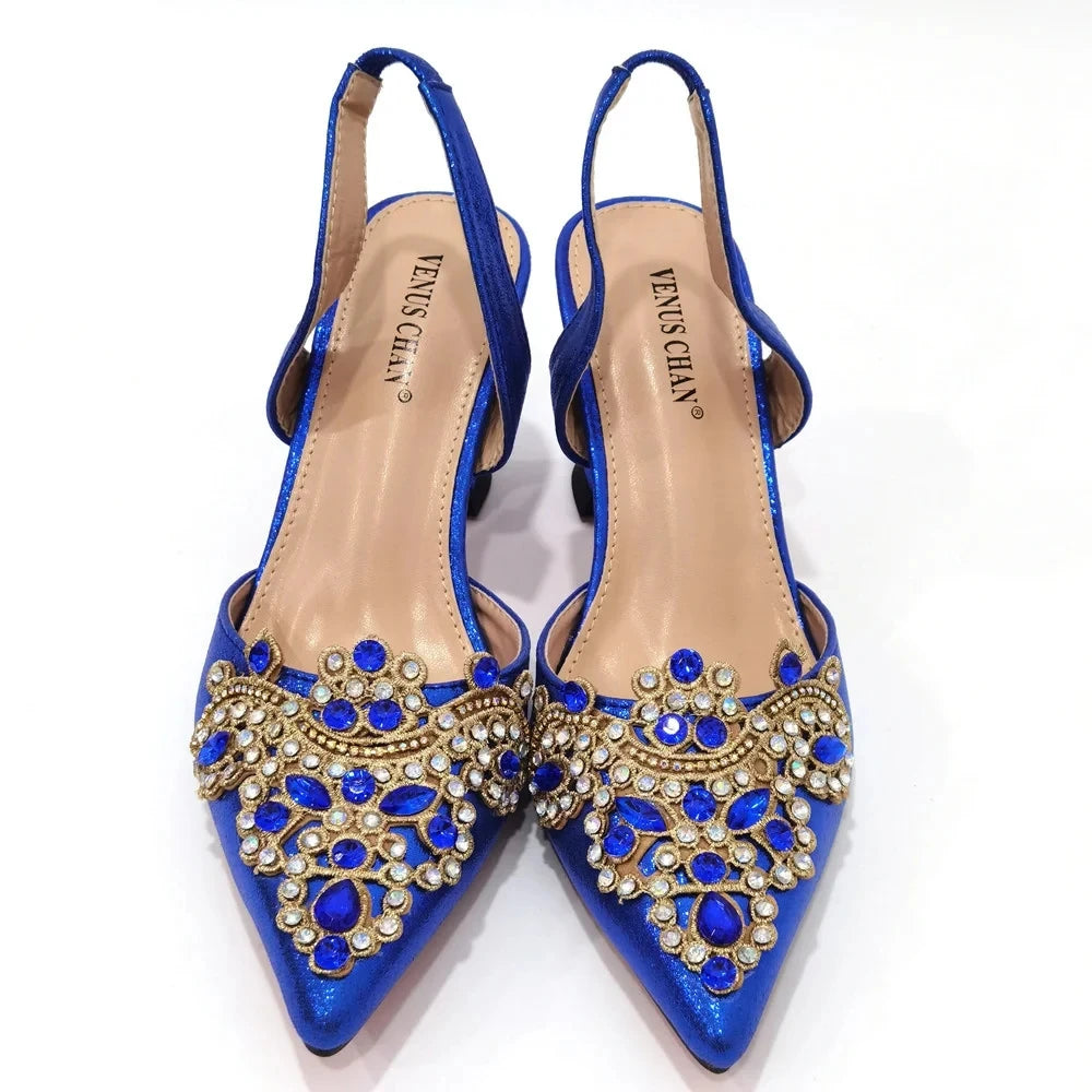 2024 Blue Color New Fashionable Pointed Toe High Heel Ladies Shoes Matching Bag Set For Nigerian Women Wedding Party