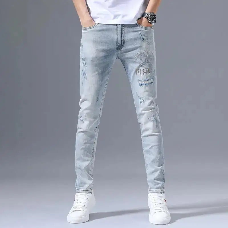 Fashion Stretch Denim Jeans Men's Spring Autumn Ripped Retro