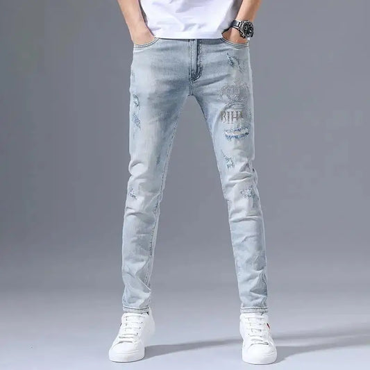 Fashion Stretch Denim Jeans Men's Spring Autumn Ripped Retro